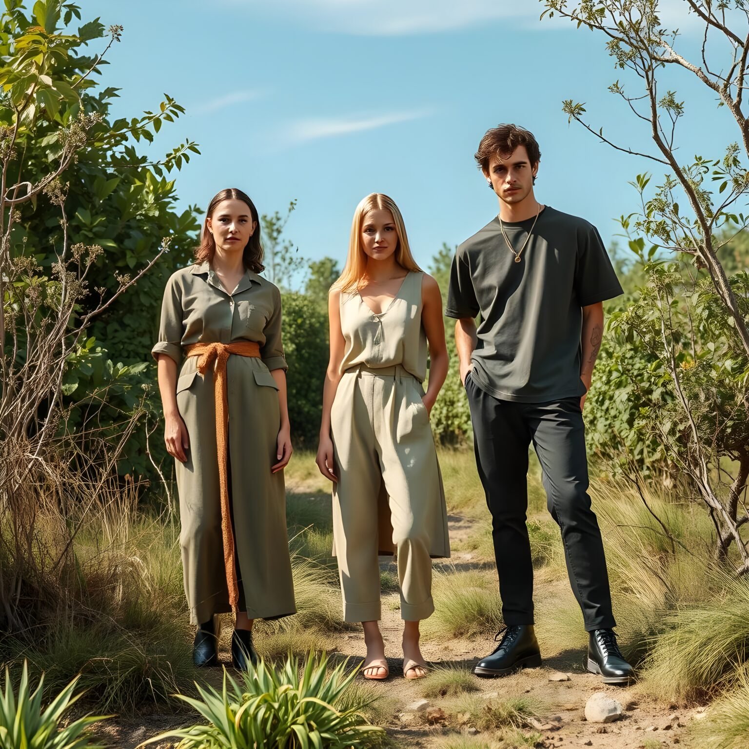 Models wearing stylish, eco-friendly outfits made from sustainable fabrics like hemp, organic cotton, and mycelium leather, posing in a nature-inspired setting with greenery in the background, symbolizing conscious fashion and environmental sustainability